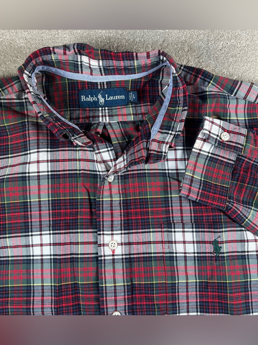 Ralph Lauren Shirt Button Down Red Plaid Green Pony 100% Cotton Men's Large